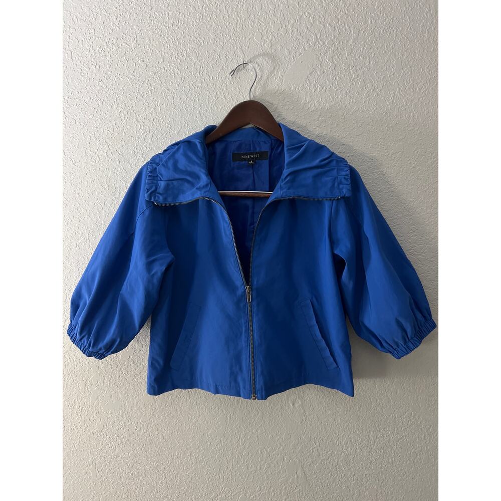 Nine West cropped puffed sleeve bomber jacket in royal blue size small